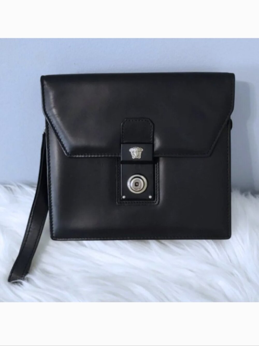 Gianni Versace vintage leather clutch silvertone hardware EUC
